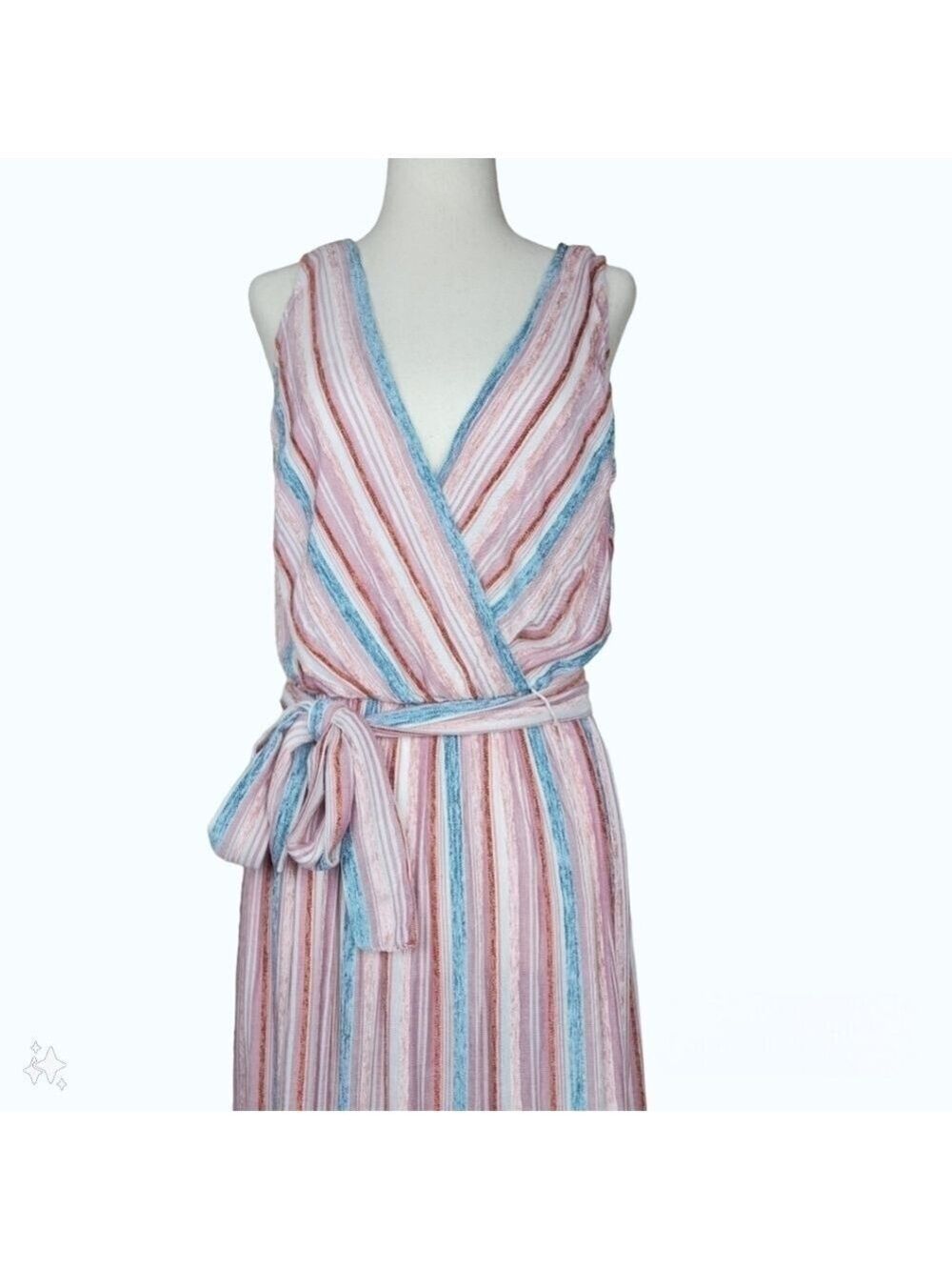 Sleeveless Striped Tiered Wrap Style Belted Velvet Maxi Dress w Pockets 8 - Picture 3 of 13